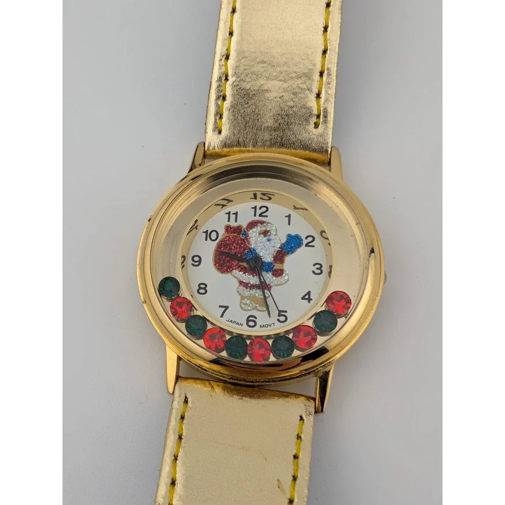 Festive Christmas Santa‎ Claus Watch Women 33mm Floating Crystals- New Battery